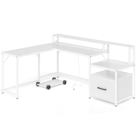 L-shaped Desk with Power Outlet and File Drawer-White