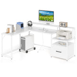 L-shaped Desk with Power Outlet and File Drawer-White