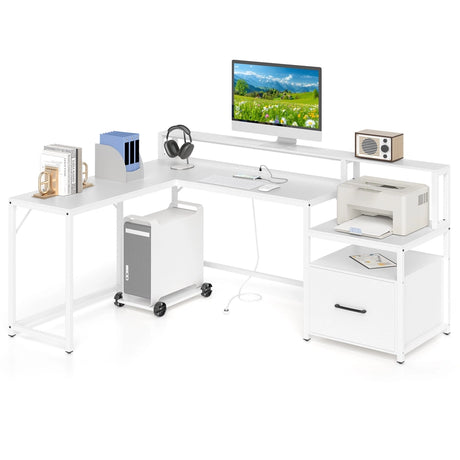 L-shaped Desk with Power Outlet and File Drawer-White