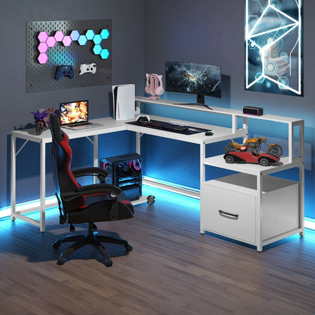 L-shaped Desk with Power Outlet and File Drawer-White