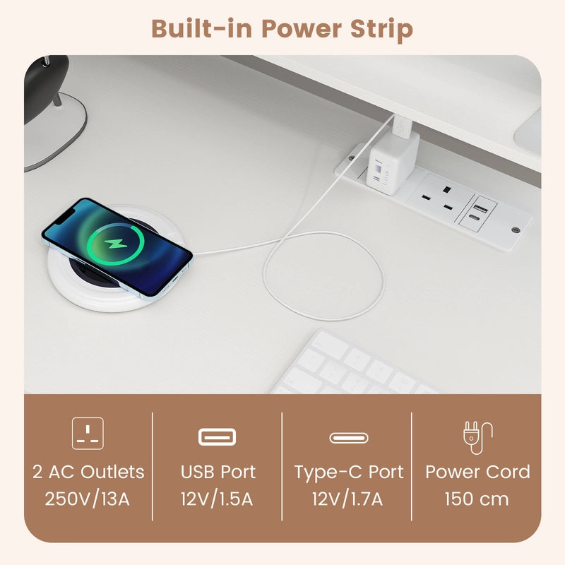 L-shaped Desk with Power Outlet and File Drawer-White