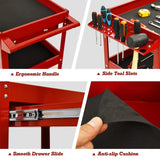3-Tray Rolling Utility Cart with Drawer and Wheels for Garage and Warehouse-Red