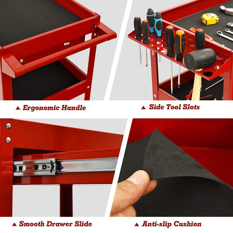 3-Tray Rolling Utility Cart with Drawer and Wheels for Garage and Warehouse-Red