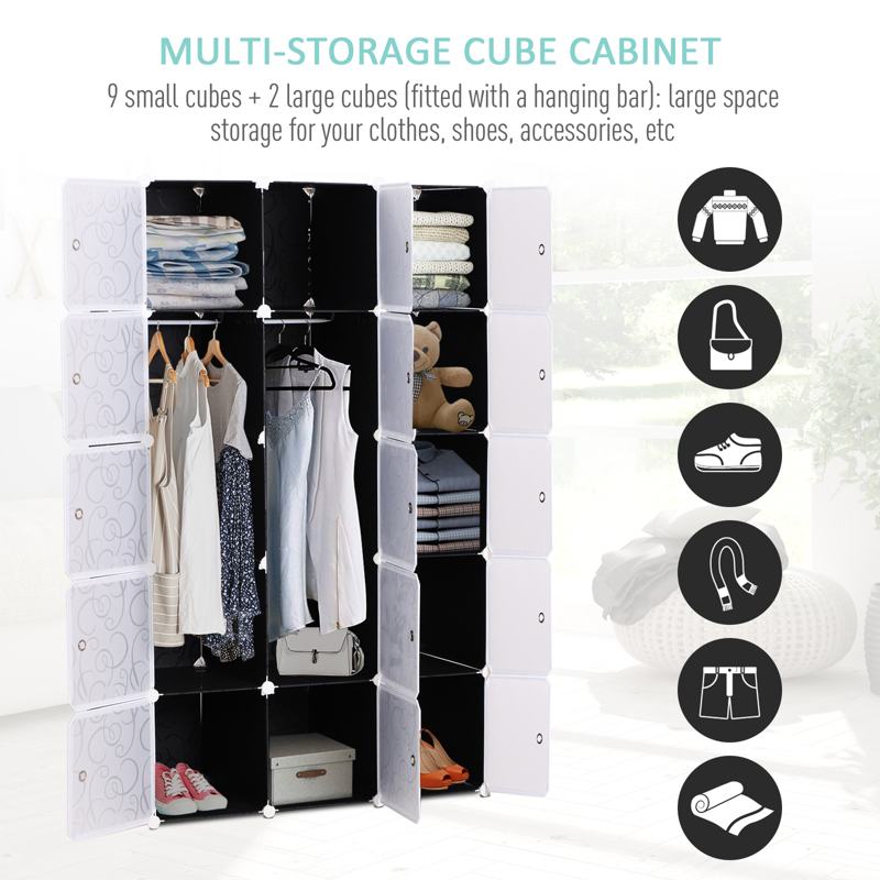 HOMCOM Portable Wardrobe for Bedroom, 15 Cube Closet with Hanging Rail, Modular Storage Cabinet, Plastic Armoire for Space Saving, White and Black