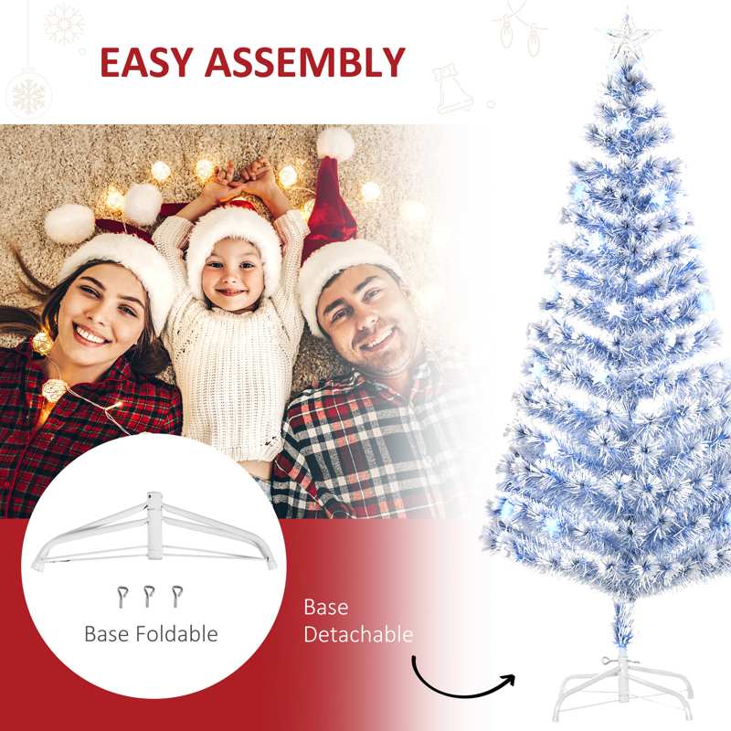 HOMCOM 6FT Artificial Fibre Optic Christmas Tree Seasonal Decoration w/ LED Lights Pre-Lit Easy Store White Blue