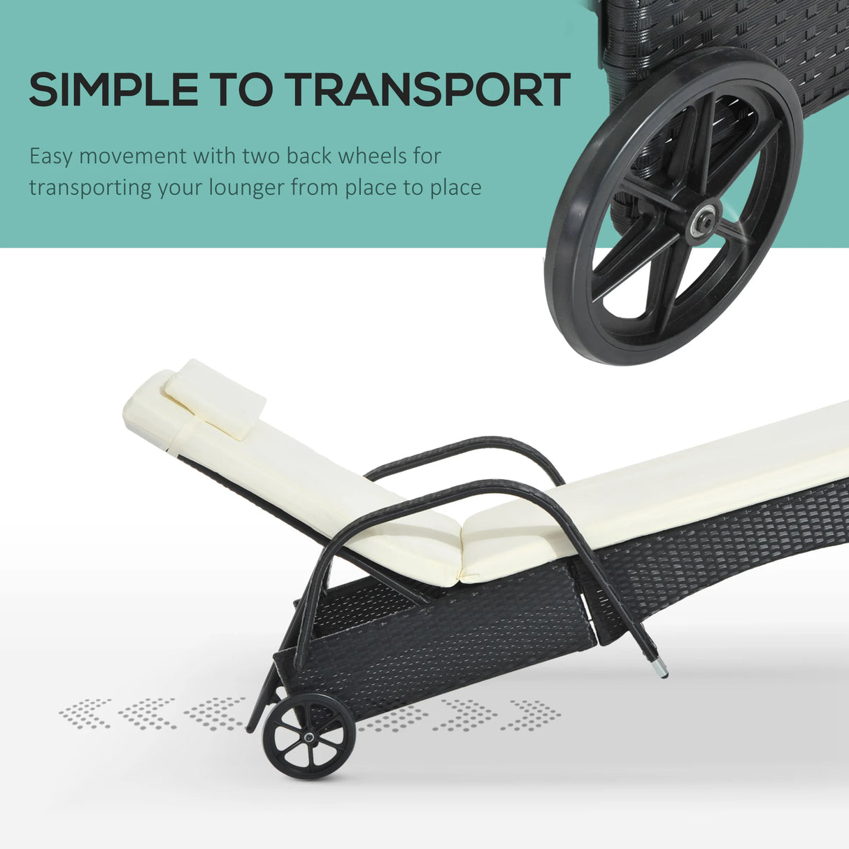 Outsunny Rattan Sun Lounger, Garden Lounger Recliner with Wheels and Adjustable Backrest, Outdoor Reclining Sunbed Garden Chair with Cushion and Headrest for Patio, Beach, Terrace, Black