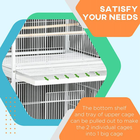 PawHut Budgie Cage with Rolling Stand, Perches, Wheels, Large Parrot Cage for Finch, Canary, Budgie, Cockatiel, White