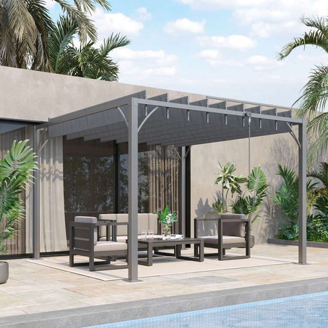 Outsunny 3 x 3(m) Outdoor Pergola with Retractable Roof, Aluminium Louvered Patio Gazebo Canopy for Lawn Garden Patio, Grey