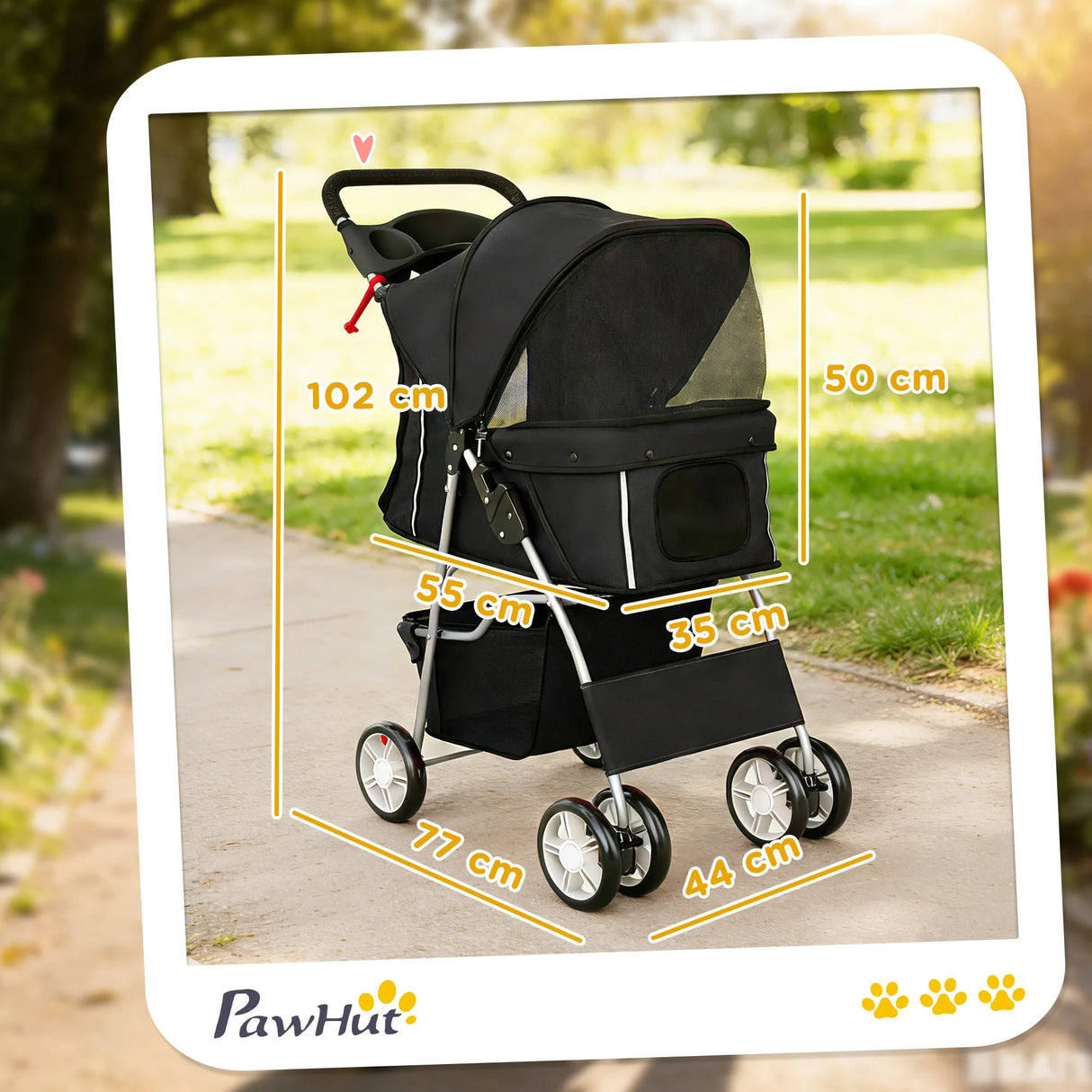 PawHut Dog Pram, Pet Stroller with Reflective Strips, Foldable Cat Stroller with 360 Swivel Wheels, Black