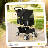 PawHut Dog Pram, Pet Stroller with Reflective Strips, Foldable Cat Stroller with 360 Swivel Wheels, Black