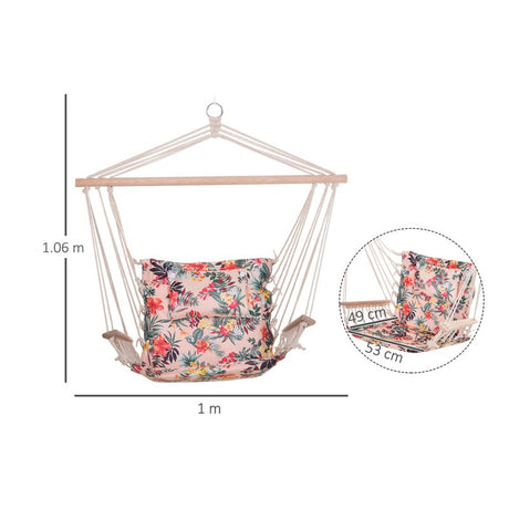 Outsunny Garden Outdoor Hanging Hammock Chair Thick Rope Frame Wooden Arms Safe Wide Seat Garden Outdoor Spot Stylish Multicoloured floral