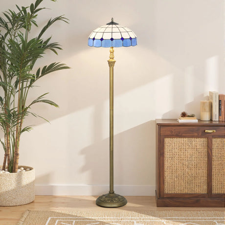 HOMCOM Tiffany-Style Floor Lamp with Handcrafted Stained Glass Shade, 152cm Tall Vintage Standing Lamp with Foot Switch and Dual Sockets for Living Room Bedroom, Bronze Tone and Blue