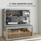 PawHut Wooden Hamster Cage with Hut, Wheel, Ramps, Removable Viewing Panels, 80 x 50 x 84 cm, Grey