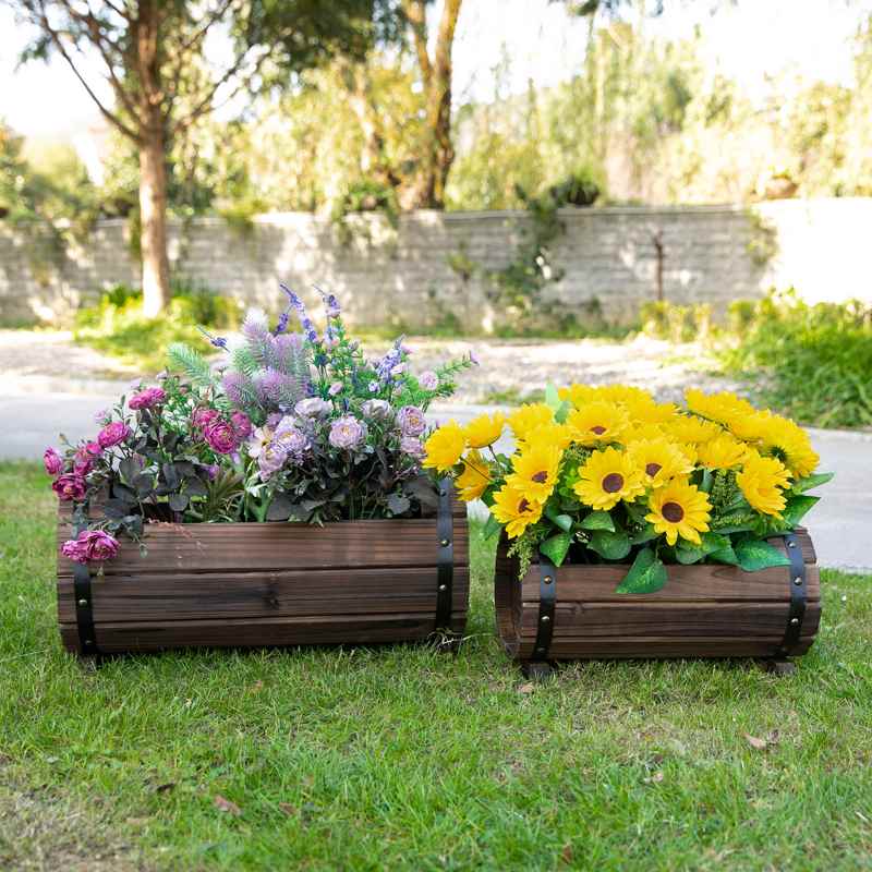 Outsunny 2PCs 56L Wooden Planter Box Flower Plant Pot Outdoor Flower Beds Plant Box with Solid Wood Carbonized Colour