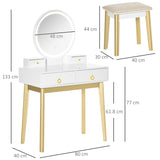 HOMCOM Dressing Table Set with Mirror, Built-in 3 Color LED Light, Vanity Makeup Table with 4 Drawers and Cushioned Stool for Bedroom, White