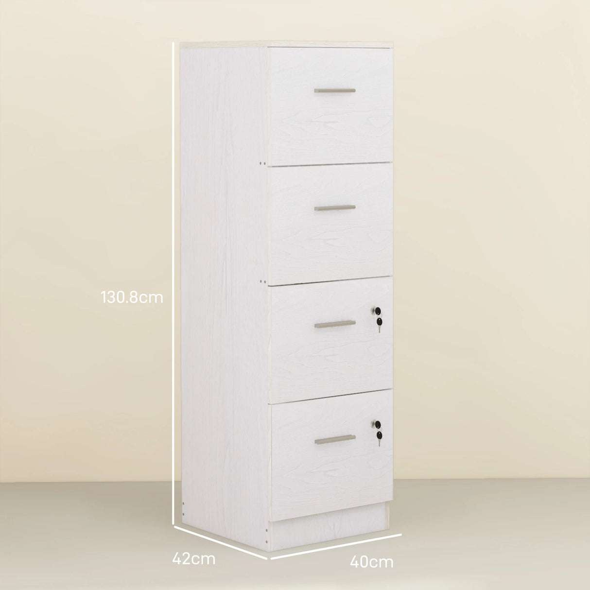 HOMCOM Four-Drawer Lockable Filing Cabinet - White Wood Effect