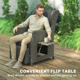 Outsunny Rattan Garden Recliner Chair, Reclining Garden Chair with Adjustable Back and Footrest, Flip Table, Cushion, Dark Grey