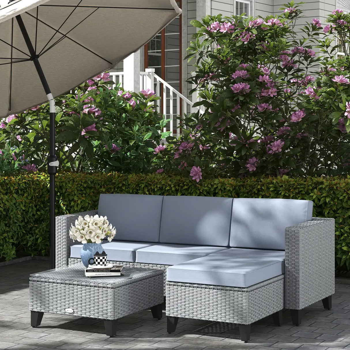 Outsunny 5-Piece Rattan Patio Furniture Set with Corner Sofa, Footstools, Coffee Table, for Poolside, Grey