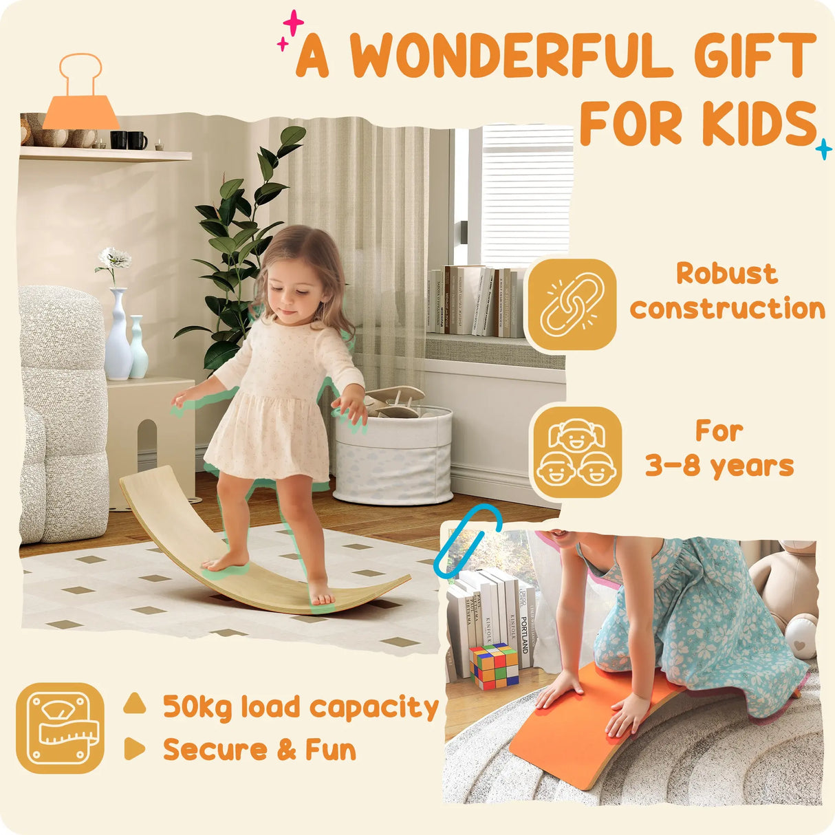 AIYAPLAY Wooden Balance Board for Kids, Wobble Board with Silent Felt for Sensory Play, Orange