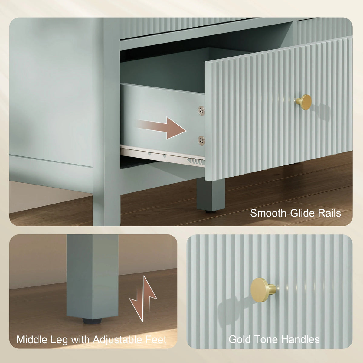HOMCOM Fluted Dresser, 6 Drawer Chest of Drawers for Bedroom, Living Room, Hallway, Closet, Green