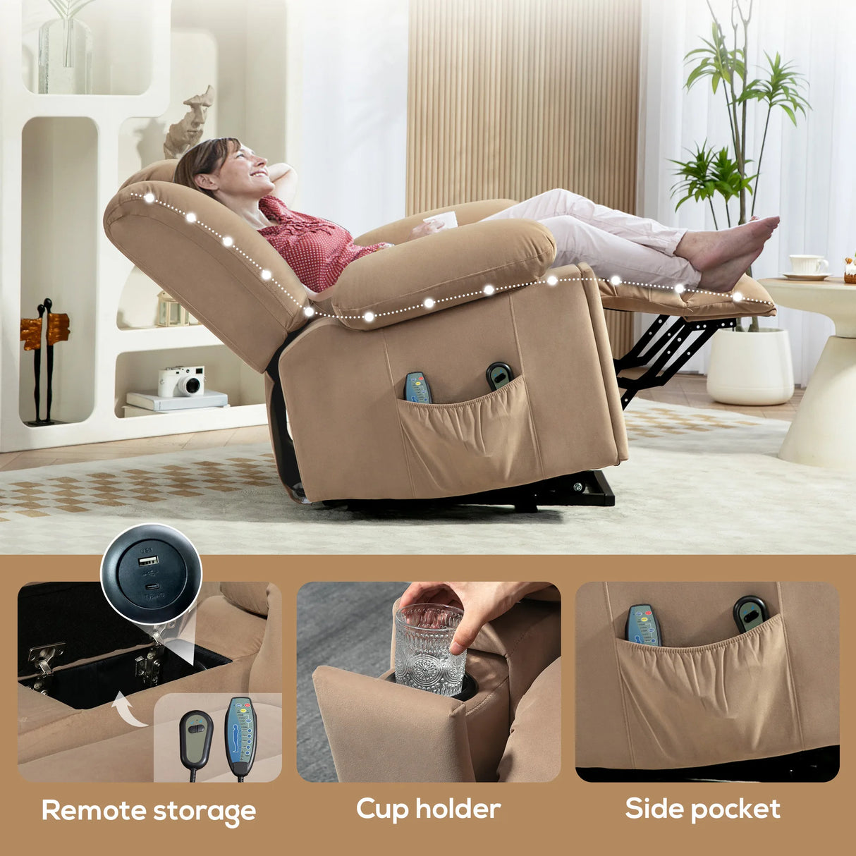 HOMCOM Velvet-Feel Electric Riser, Recliner and Massage Armchair - Light Brown