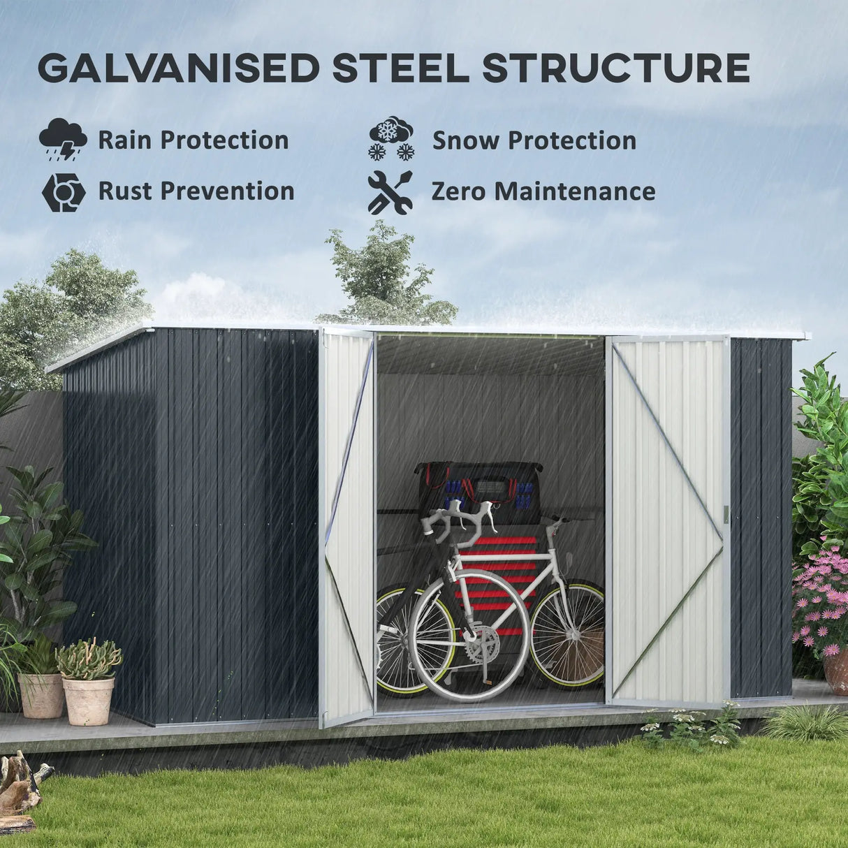 Outsunny 11 x 5.6ft Galvanised Steel Garden Shed, Metal Shed, Garden Storage Shed with Lockable Doors and Gloves for Outdoor Patio, Garden, Grey