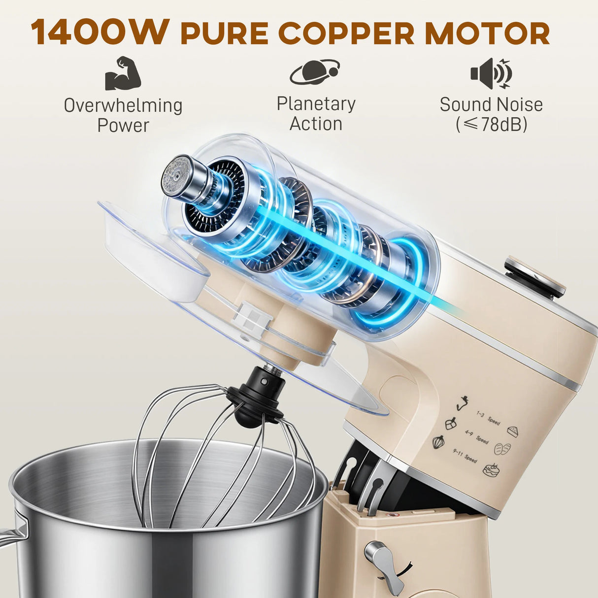 HOMCOM Stand Mixer, 6L 1400W Tilt-Head Food Mixer with 11 Speeds, Pulse & Fermentation Function, LED Display, Cream