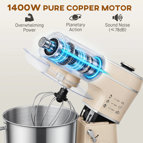 HOMCOM Stand Mixer, 6L 1400W Tilt-Head Food Mixer with 11 Speeds, Pulse & Fermentation Function, LED Display, Cream
