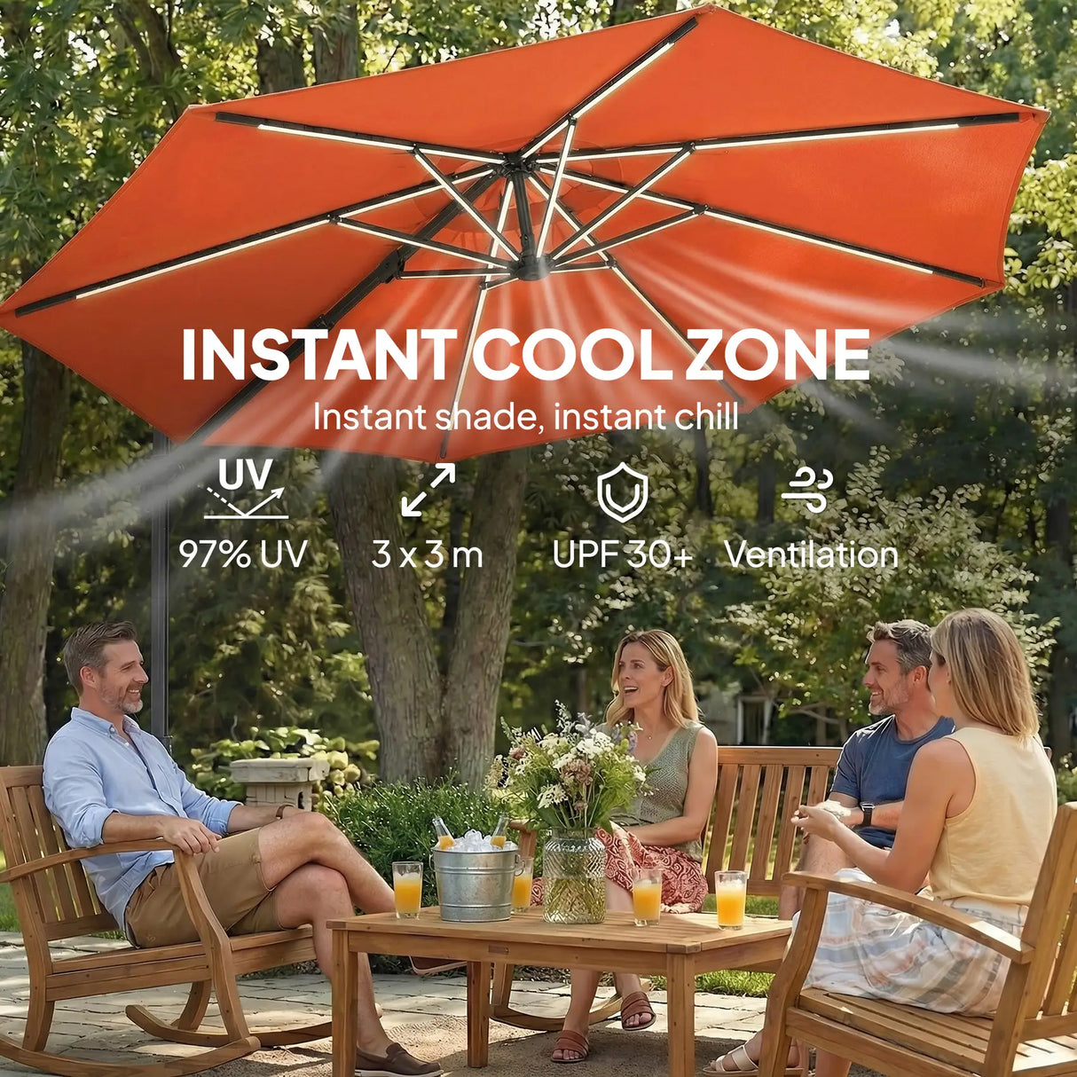 Outsunny 3 m Garden Cantilever Parasol with LED Solar Light, Round Overhanging Umbrella with 360 Rotation, Cover, Orange