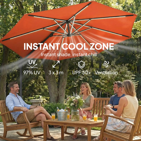 Outsunny 3 m Garden Cantilever Parasol with LED Solar Light, Round Overhanging Umbrella with 360 Rotation, Cover, Orange