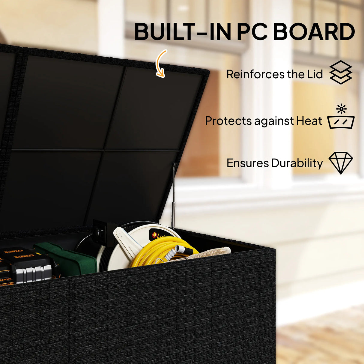 Outsunny 650L Garden Storage Box with 2 Wheels, Rattan Deck Box with Waterproof Zipped Liner, Safe Pneumatic Rods, Black