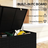 Outsunny 650L Garden Storage Box with 2 Wheels, Rattan Deck Box with Waterproof Zipped Liner, Safe Pneumatic Rods, Black