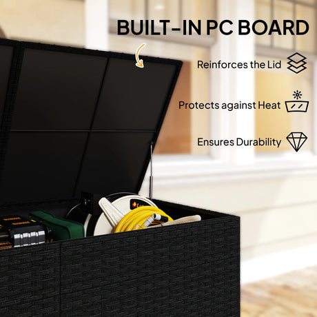 Outsunny 650L Garden Storage Box with 2 Wheels, Rattan Deck Box with Waterproof Zipped Liner, Safe Pneumatic Rods, Black