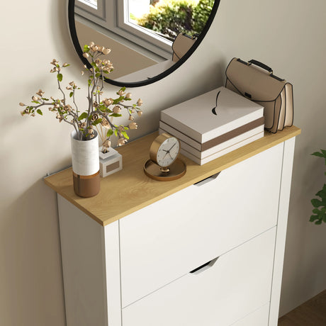 HOMCOM Slim Shoe Cabinet, Narrow Shoe Cupboard with 3 Flip Drawers, Adjustable Shelves for 18 Pairs of Shoes, High Gloss White