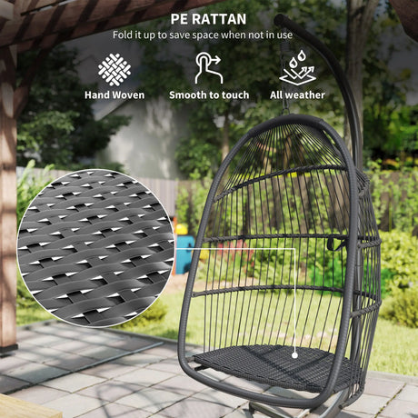 Outsunny Rattan Hanging Egg Chair with Stand, Foldable Wicker Swing Egg Chair with Cushion, Head Pillow, Steel Frame, Hammock Chair for Indoor Outdoor, Capacity 150 kg, Dark Grey