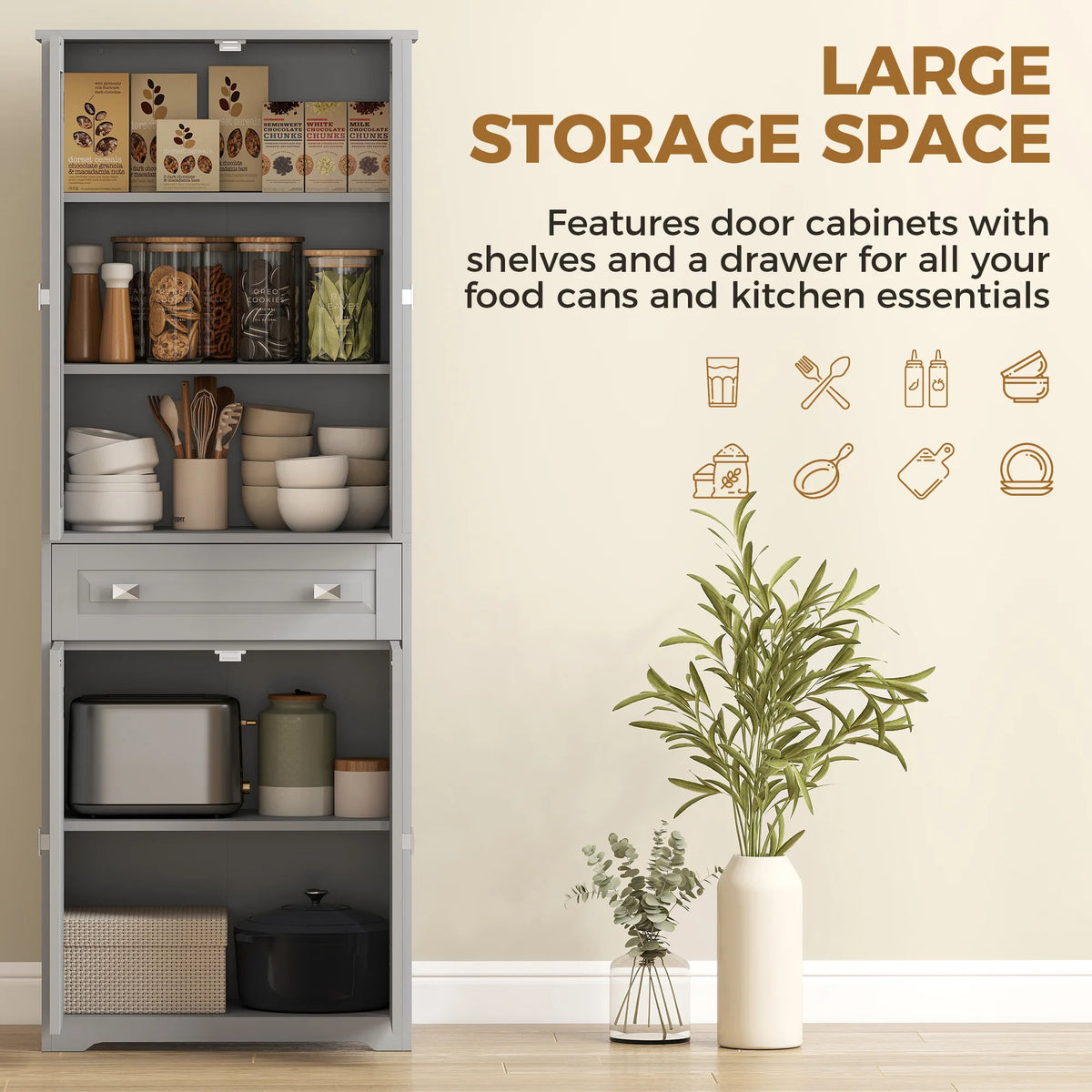 HOMCOM Freestanding Kitchen Cupboard, Storage Cabinet with 2 Adjustable Shelves, Drawer and Glass Door for Living Room, Grey