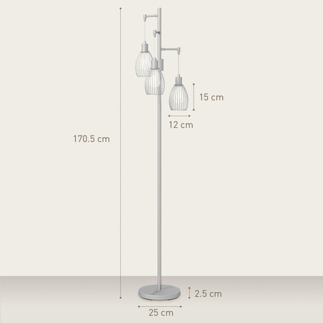 HOMCOM 3-Light Floor Lamp, 170cm Industrial Dimmable Standing Lamp with Steel Wire Cage Lampshades for Living Room, Bedroom, Dining Room, Study, Silver Tone