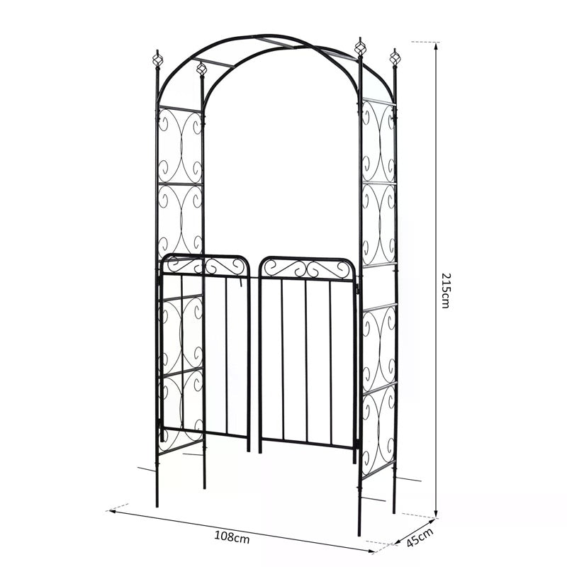 Outsunny Garden Decorative Metal Arch with Gate Outdoor Patio Trellis Arbor for Climbing Plant Archway Antique Black - 108L x 45W x 215Hcm