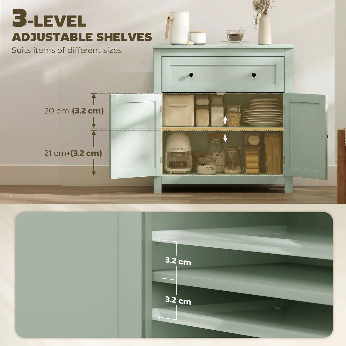 HOMCOM Sideboard Storage Cabinet, Modern Kitchen Cupboard with Adjustable Shelf, Drawer and Double Doors, Green