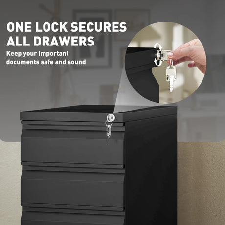 Vinsetto 3-Drawer Steel Filing Cabinet with Lock and Wheels - Black