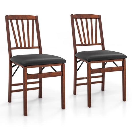 Set of 2 Folding Chairs with Padded Seat and Rubber Wood Frame-Brown