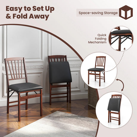 Set of 2 Folding Chairs with Padded Seat and Rubber Wood Frame-Brown