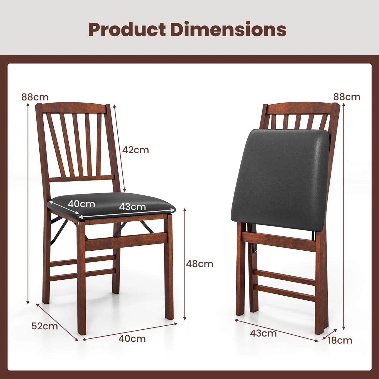 Set of 2 Folding Chairs with Padded Seat and Rubber Wood Frame-Brown