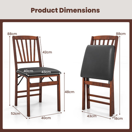 Set of 2 Folding Chairs with Padded Seat and Rubber Wood Frame-Brown