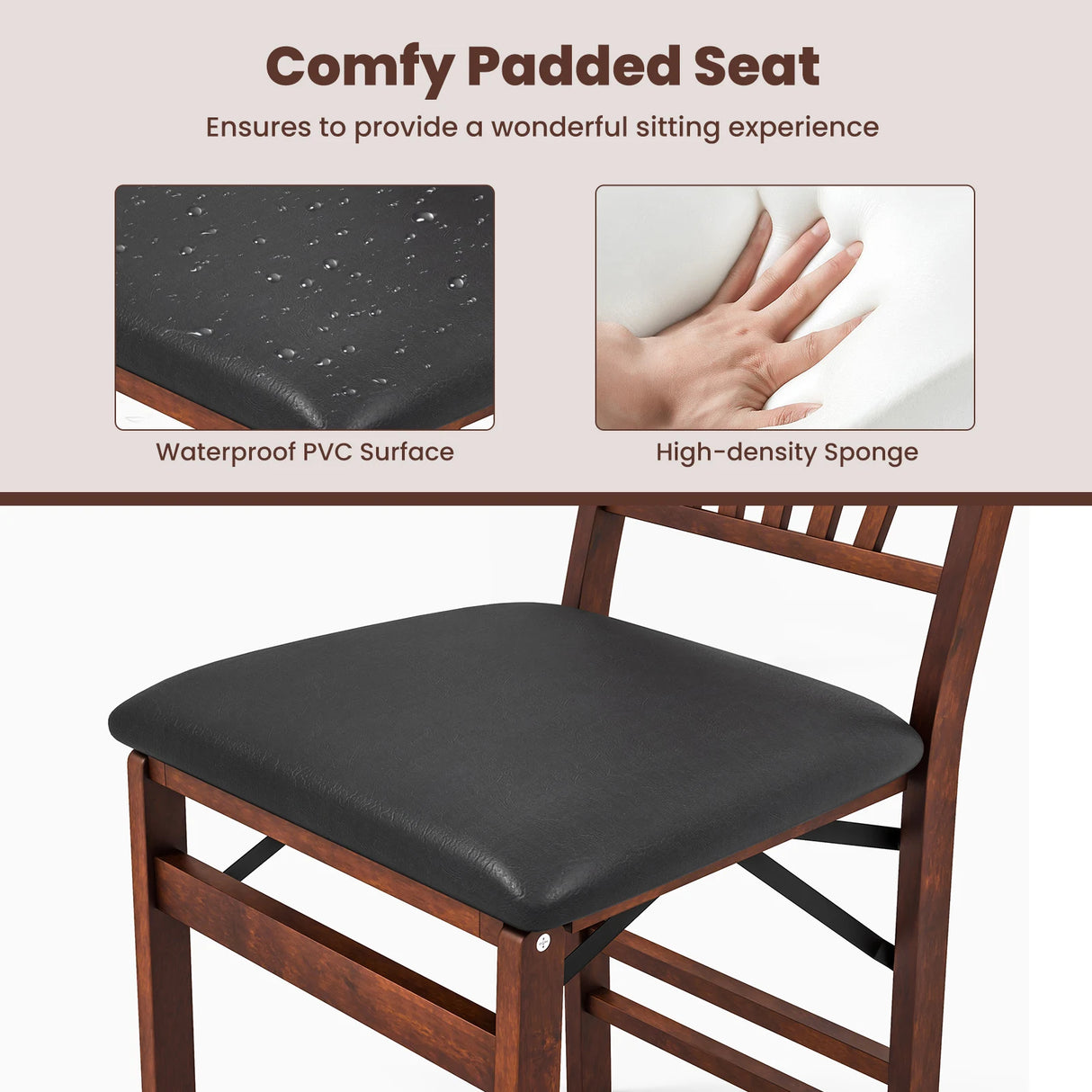Set of 2 Folding Chairs with Padded Seat and Rubber Wood Frame-Brown