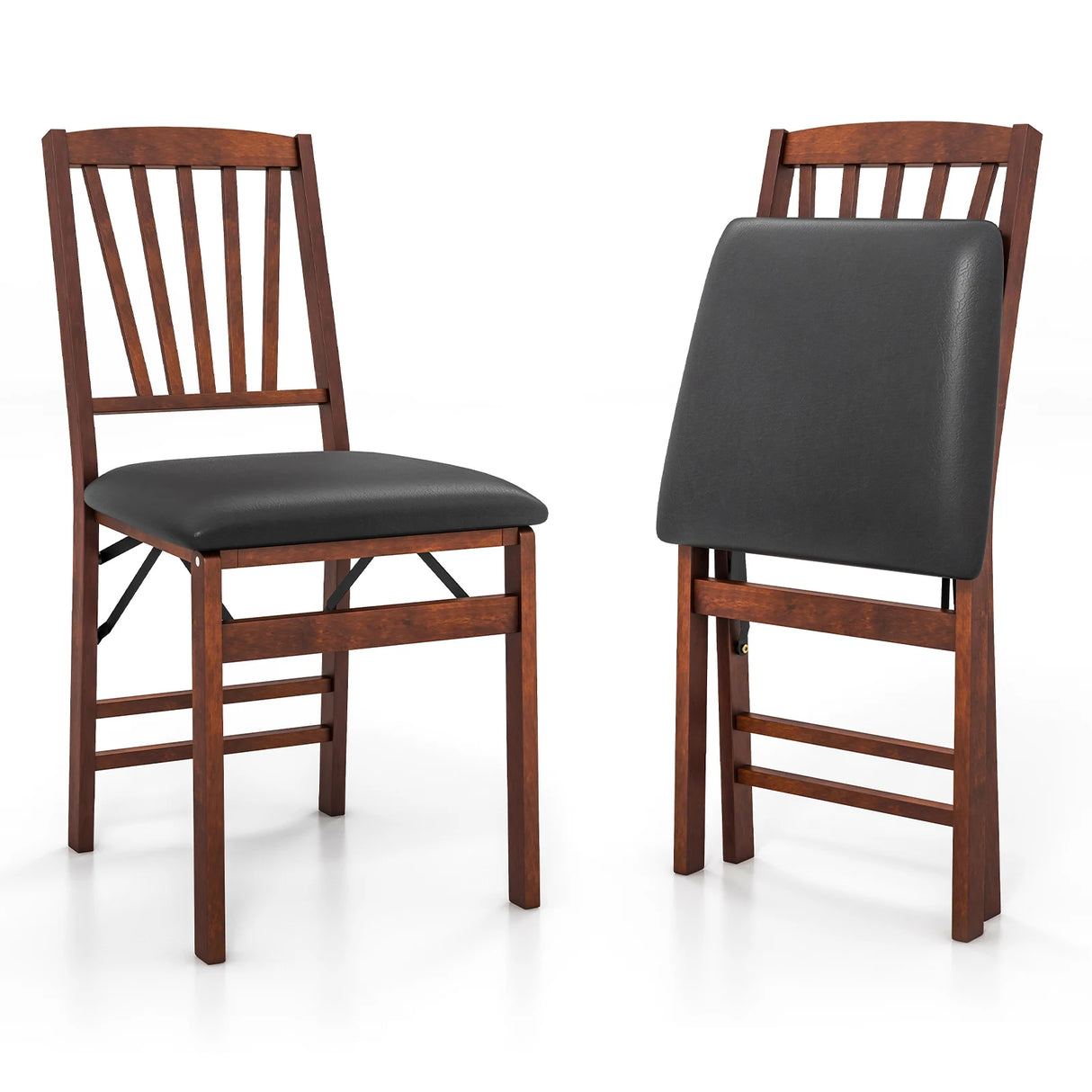 Set of 2 Folding Chairs with Padded Seat and Rubber Wood Frame-Brown