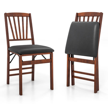 Set of 2 Folding Chairs with Padded Seat and Rubber Wood Frame-Brown
