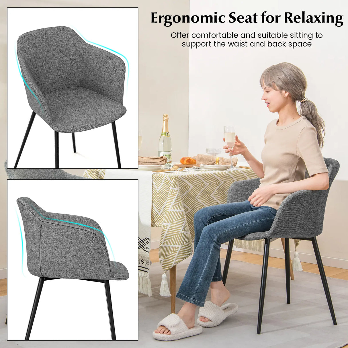 Set of 2 Dining Chairs with Ergonomic Backrest Design-Gray