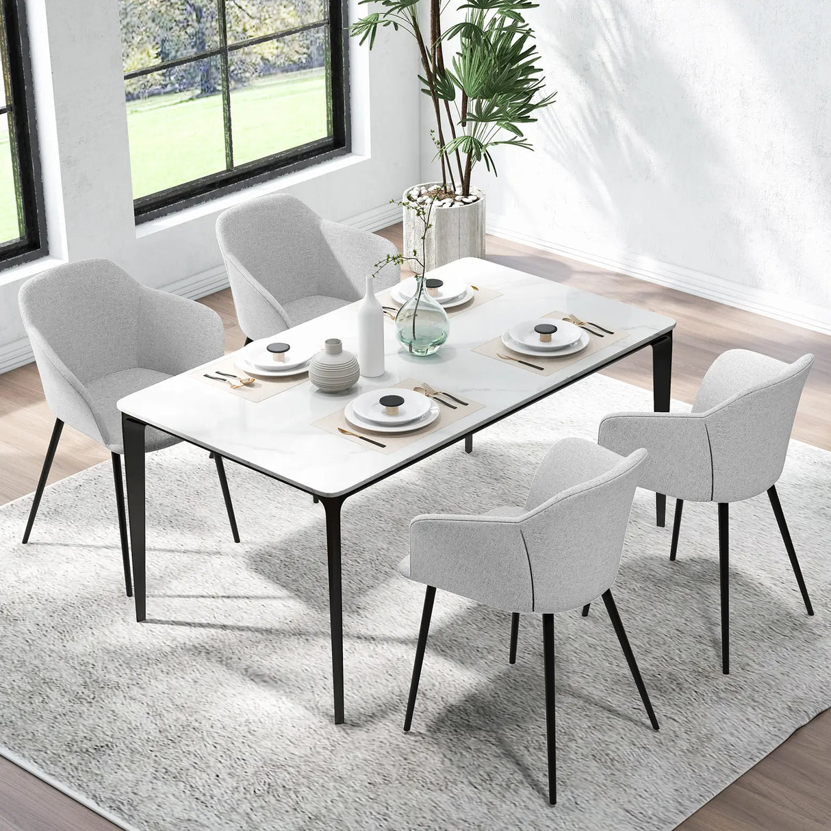 Set of 2 Upholstered Dining Chair with Ergonomic Backrest Design-Off White