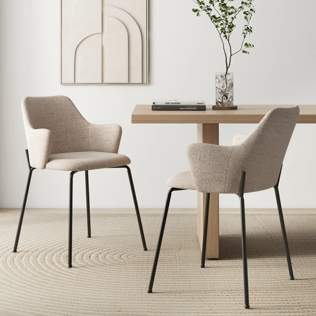 Dining Chairs Set of 2 Upholstered Accent Chairs with Curved Backrest-Beige